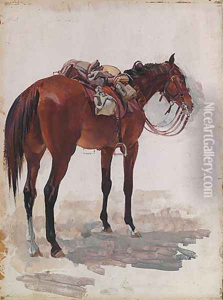 Australian troop horse, full marching order Oil Painting - George Lambert