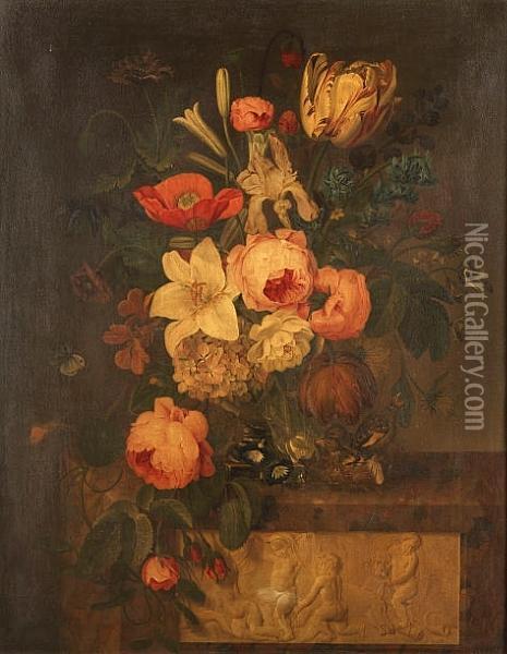 A Parrot Tulip, A Lily, Roses, A
 Poppy, Morning Glory And Other Flowers In An Urn On A Stone Ledge With 
Starlings In A Nest Oil Painting - Michel Joseph Speeckaert