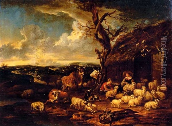 A Shepherd And Shepherdess Shearing Sheep By A Barn In A Landscape Oil Painting - Michiel Carree