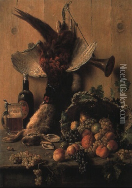 Still Life With Game And Fruit On A Table Oil Painting - Oreste Costa