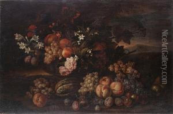 Peaches, Grapes, Pomegranates 
And Plums With Roses, Carnations And Other Flowers In A Basket Oil Painting - Jean Baptiste Belin de Fontenay