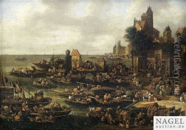 Hustle And Bustle With Numerous Boats At A Harbour Oil Painting - Mathys Schoevaerdts