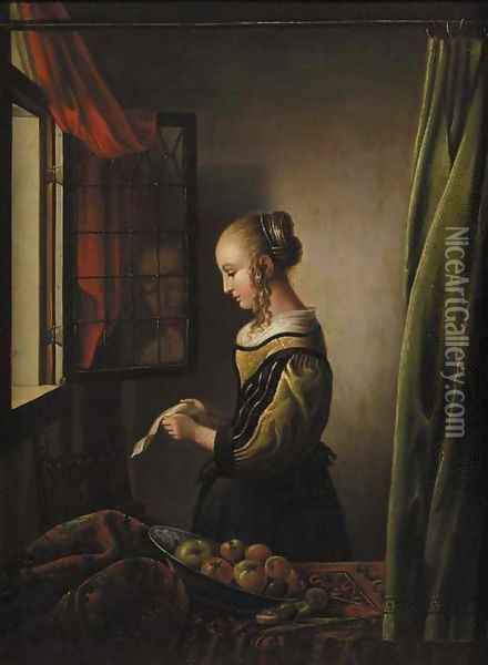 A girl reading a letter at an open window Oil Painting - Johannes Vermeer