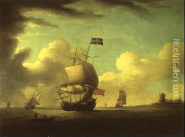 Man O'war And Other Vessels (off The Channel Islands?) Oil Painting - Peter Monamy