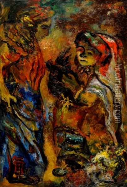 Women And A Cockerel Oil Painting - Issachar ber Ryback