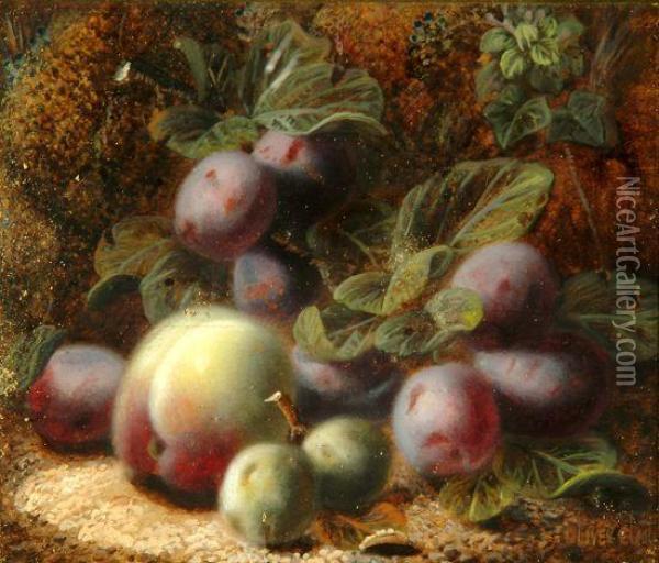 Still Life - A Bunch Of Grapes, 
Peaches, Gooseberries And A Strawberry On An Earthy Bank, Signed Oil Painting - Oliver Clare