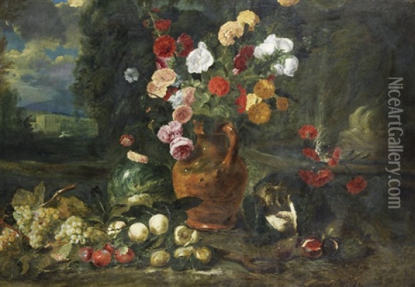 Roses, Hollyhocks, Marigolds And Other Flowers In A Terracotta Vase With Grapes, Plums, Peaches And A Split Melon Before An Open Landscape Oil Painting - Jan Fyt