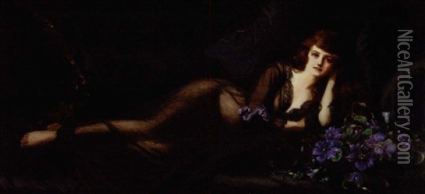 Portrait Of A Lady Wearing A Black Lace Trimmed Nightdress Reclining On A Divan Oil Painting - Charles Prescott