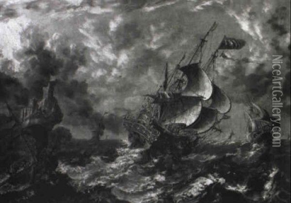 Man-of-war And Other Vessels In Choppy Seas Oil Painting - Matthieu Van Plattenberg