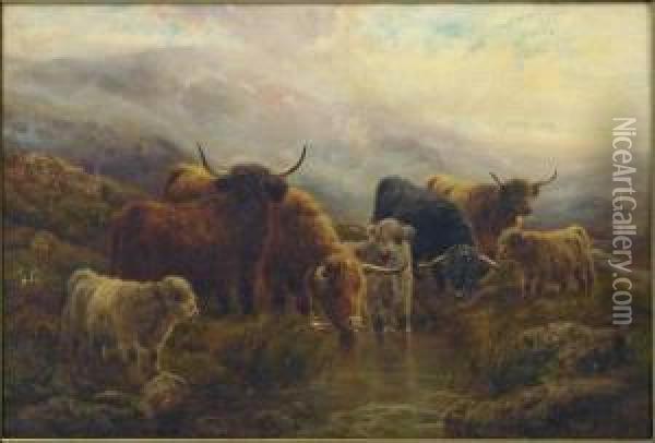 Highland Cattle Watering Oil Painting - Robert Watson