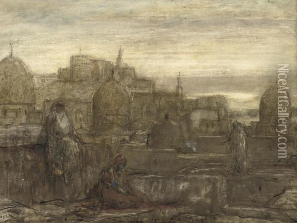 On The Roofs Of Cairo Oil Painting - Marius Bauer