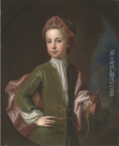 Portrait Of A Young Gentleman Of The Halsey Family, Three-quarter-length, In A Green Coat And Hat With A Pink Cloak, Holding A Bow In His Left Hand, In A Landscape, Feigned Oval Oil Painting - Charles d' Agar