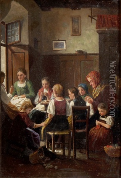 Grossmutter, Mutter Und Kinder Bei Der Handarbeit Oil Painting - Luigi Zuccoli