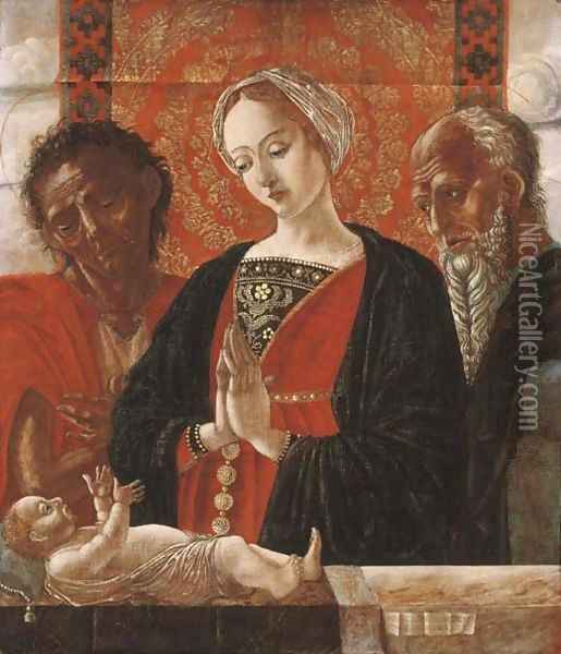 The Madonna and Child with Saint John the Baptist and another Saint Oil Painting - Antonio Leonelli Da Crevalcore