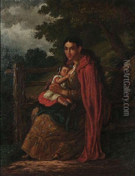 Mother And Child Seated On A Stile Oil Painting - A.E. Evans
