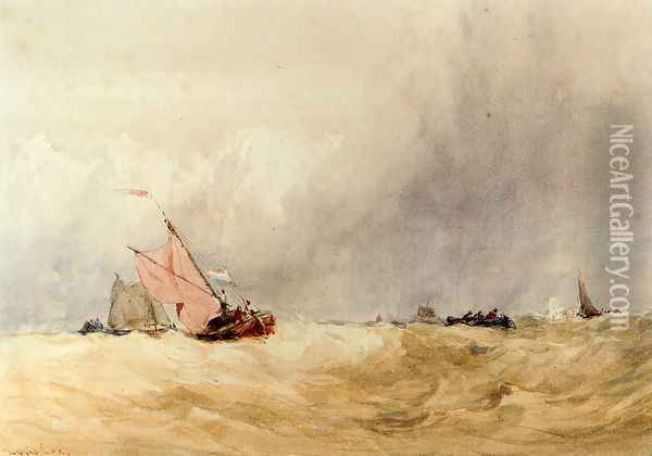 Shipping On The Sheldt, Dort Church In The Distance Oil Painting - David Cox