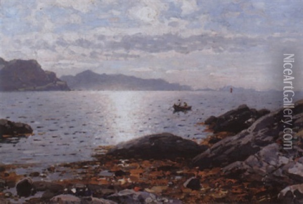 Sol, Sommer Og Bat Pa Fjorden Oil Painting - Georg Anton Rasmussen