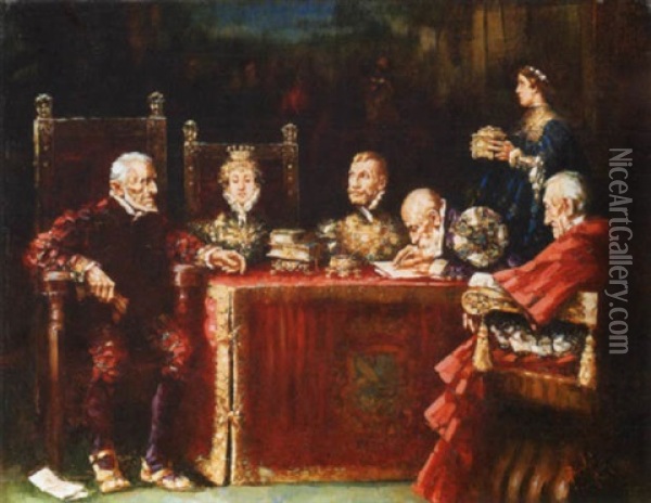 Il Contratto Di Matrimonio Di Alfonso D'aragona E Isabella Di Pastiglia Oil Painting - Salvador Sanchez Barbudo