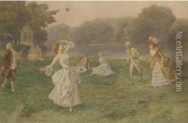 Badminton By The River Oil Painting - Mario Spinetti