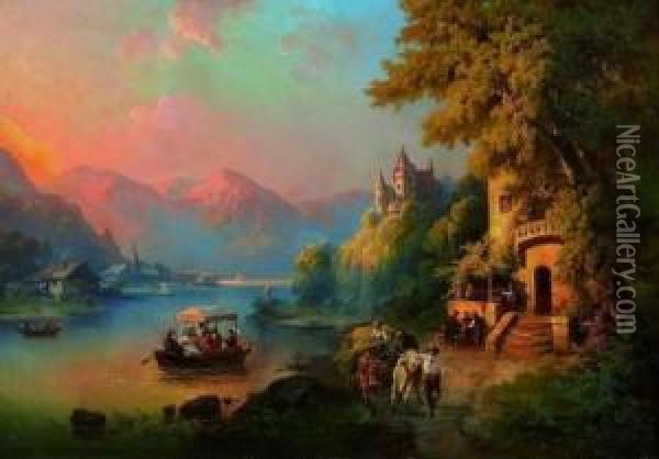 Romantischer Sonnenuntergang An Einem Bergsee Oil Painting - Guido Hampe