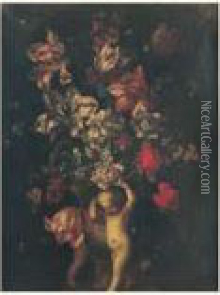 Bouquet De Fleurs Et Putti Oil Painting - Jan-baptist Bosschaert