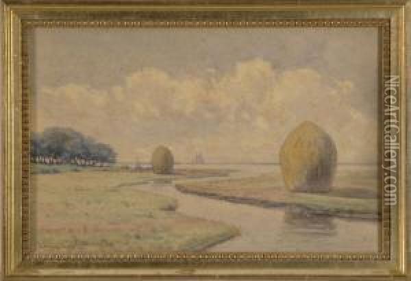 Haystacks On The Marsh Oil Painting - Hiram Peabody Flagg