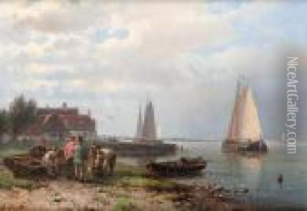 Coastal Scene With Fishing Boats And Fishermenon The Shore Oil Painting - Abraham Hulk Jun.
