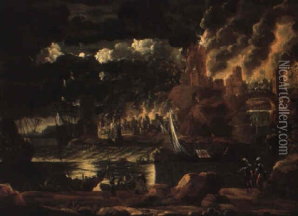 A Moonlit Mediterranean Harbour With A Town Burning Beyond Oil Painting - Pieter Mulier the Younger