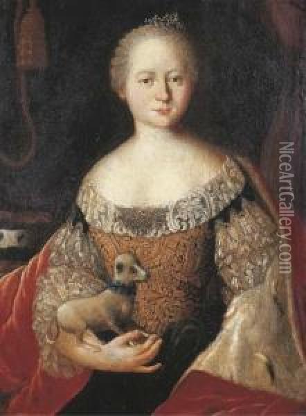 Portrait Of A Lady, Seated 
Half-length, In A Gold Brocade Dresswith Lace And A Red Velvet Wrap 
Lined With Ermine, Holding Her Petdog, A Curtain In The Background Oil Painting - Louis de Silvestre