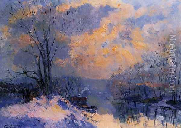 The Small Branch of the Seine at Bas-Meudon: Snow and Wiinter Sun Oil Painting - Albert Lebourg