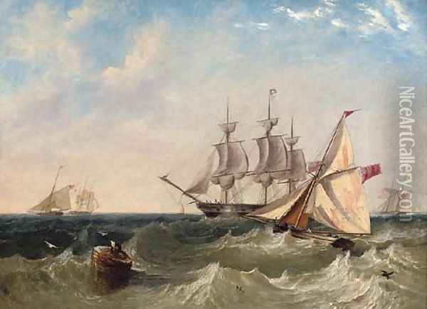 Naval cutters offshore with a frigate coming to anchor, probably at Spithead Oil Painting - James Wilson Carmichael