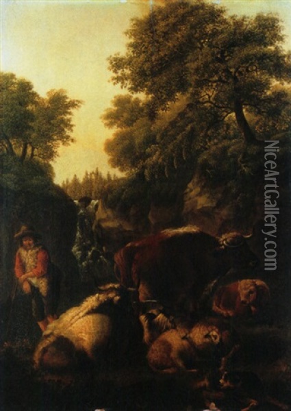 Junger Hirte Mit Rindern Und Schafen In Einer Felsigen Wadschlucht Oil Painting - Johann Heinrich Roos