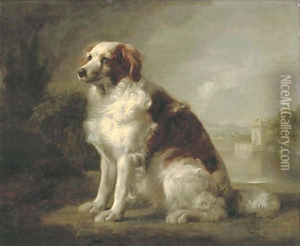 A red and white dog, in a landscape, a fortified tower and an estuary beyond Oil Painting - George Stubbs