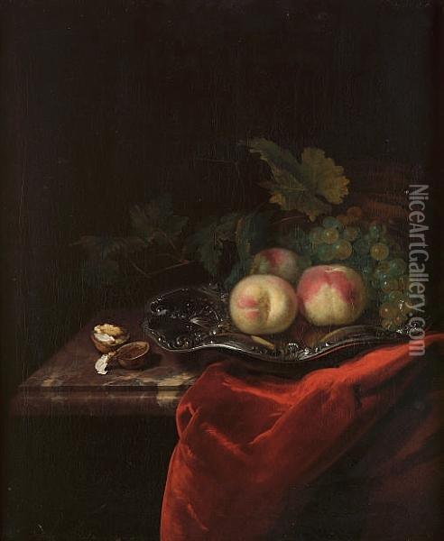 Peaches And Grapes On A Silver Salver With Walnuts On A Partially Draped Marble Ledge Oil Painting - Barend or Bernardus van der Meer