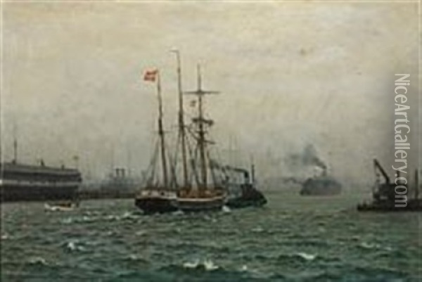 Plenty Of Ships Near Copenhagen Habour Oil Painting - Christian Benjamin Olsen