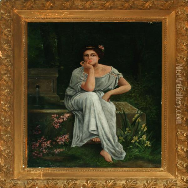 Portrait Of A Woman Sitting By A Fontaine Oil Painting - Henry Alfred Gsell