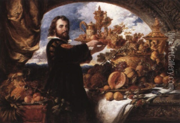 A Liveried Servant With Giftware And Fruit Oil Painting - George Lance
