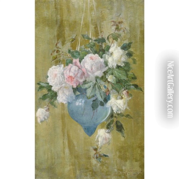 Rose In Vaso Di Vetro Blu Oil Painting - Gioacchino Galbusera