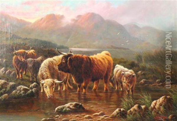 Highland Cattle Watering Oil Painting - William Perring Hollyer