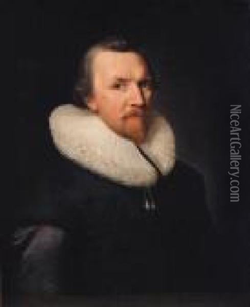 Portrait Of A Gentleman, Aged 47, Half-length, In A Black Doubletand A Ruff Oil Painting - Thomas De Keyser