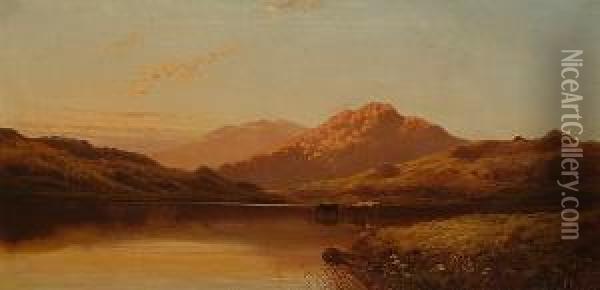 Cattle Watering In A Highland Landscape At Sunset Oil Painting - Francis Muschamp