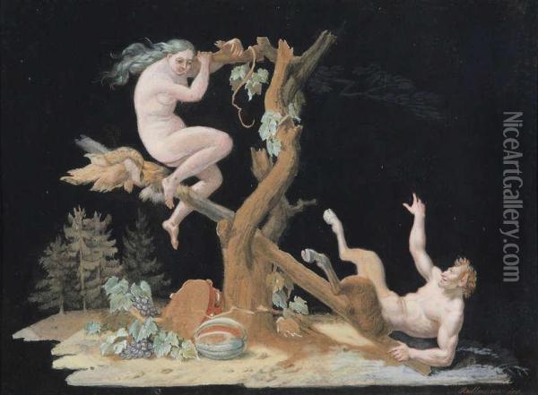Bacchanale Scene Met Sater En Naakt Op De Wip, Stilleven Op De Voorgrond Oil Painting - Ludwig Rullmann