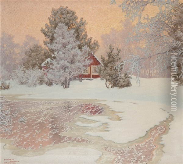 Vinter Landscape With A Red Cottage Oil Painting - Gustaf Fjaestad