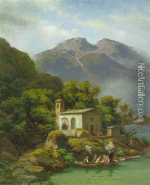 Taufgesellschaft In Einem Nachen Am Ufer Des Gebirgssees Vor Der Kapelle Oil Painting - Johann Wilhelm Lindlar