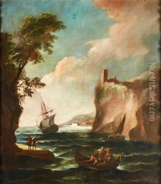 Paesaggio Con Porto Di Mare E Personaggi Oil Painting - Antonio Cifrondi