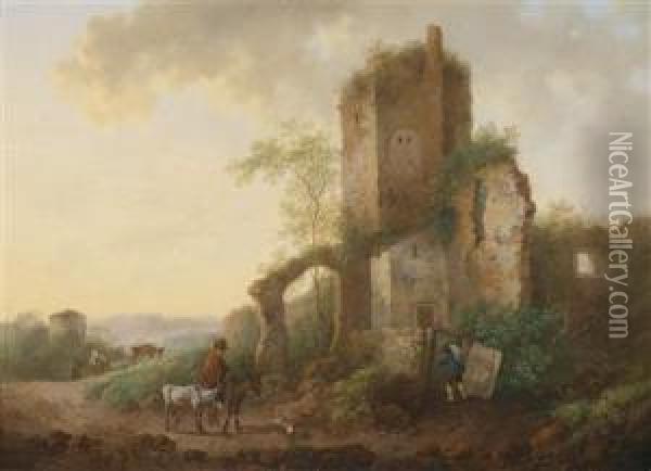 A Horseman In A Landscape With Ruins Oil Painting - Johann Georg Wagner