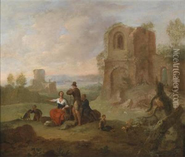 A Landscape With Ruins And Resting Travellers Oil Painting - Franz Ferg