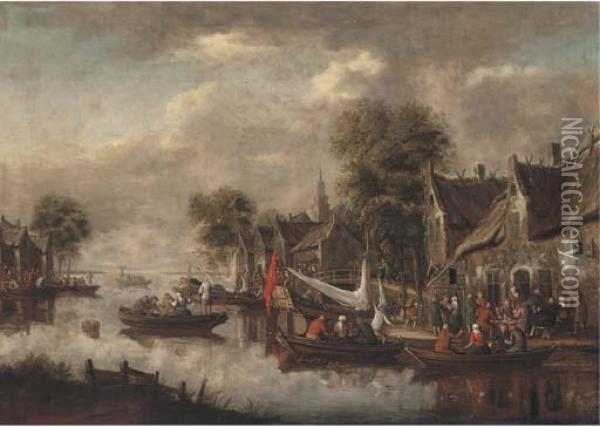 A River Landscape With Figures Merrymaking In Boats And Outside Aninn Oil Painting - Thomas Heeremans