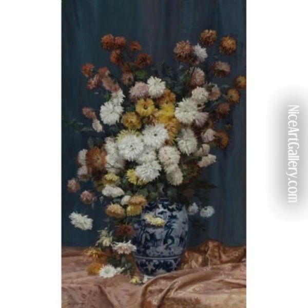 Mums In A Porcelain Vase Oil Painting - Adolphe Louis (Napolean) Castex-Degrange