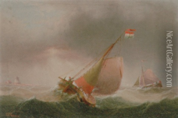 A Dutch Barge In Choppy Waters, A Lighthouse Beyond Oil Painting - Edward King Redmore